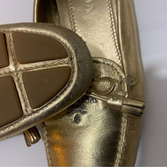 Prada Metallic Gold Leather Bow Slip On Loafers Size 35.5 - Picture 12 of 13